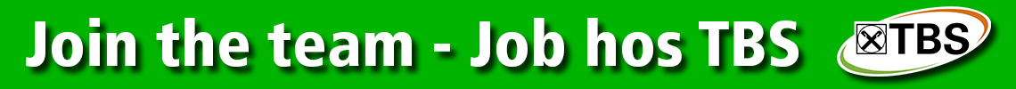 Grøn stribe med tekst, hvor der står: Join the team - job hos TBS